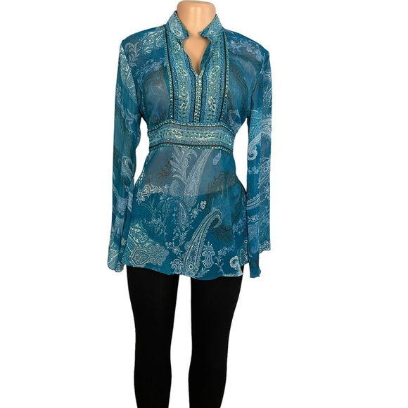 3/$25🌸 The(in)shop Y2K Blue Flare Sleeve Beaded Blouse - Picture 3 of 8